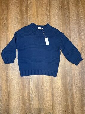 NWT Adriano Goldschmied Women's Navy Knit Puff Sleeve Crewneck Sweater Size XS